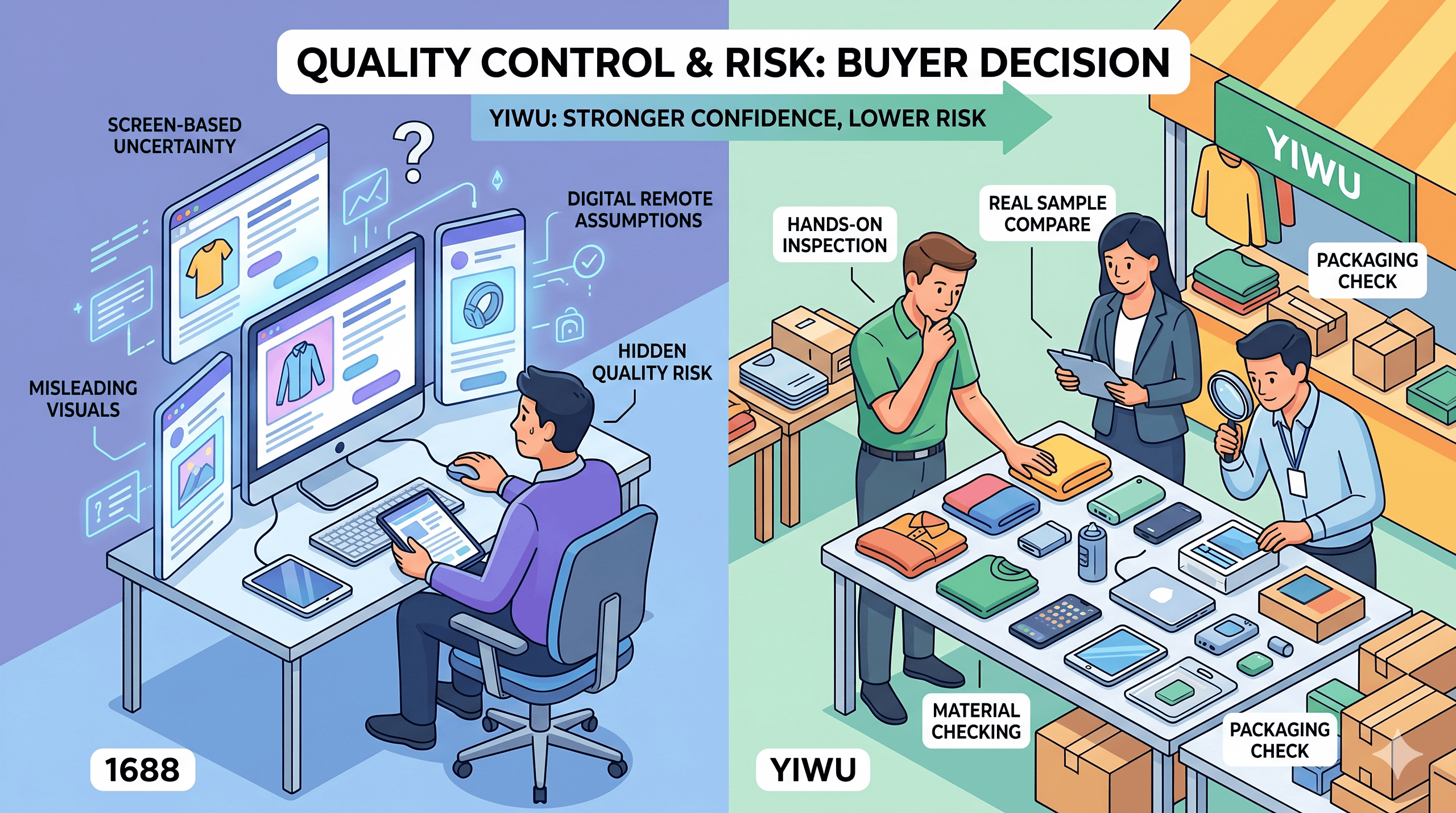 Editorial comparison showing higher screen-based quality risk on 1688 versus hands-on sample and packaging checks in Yiwu.