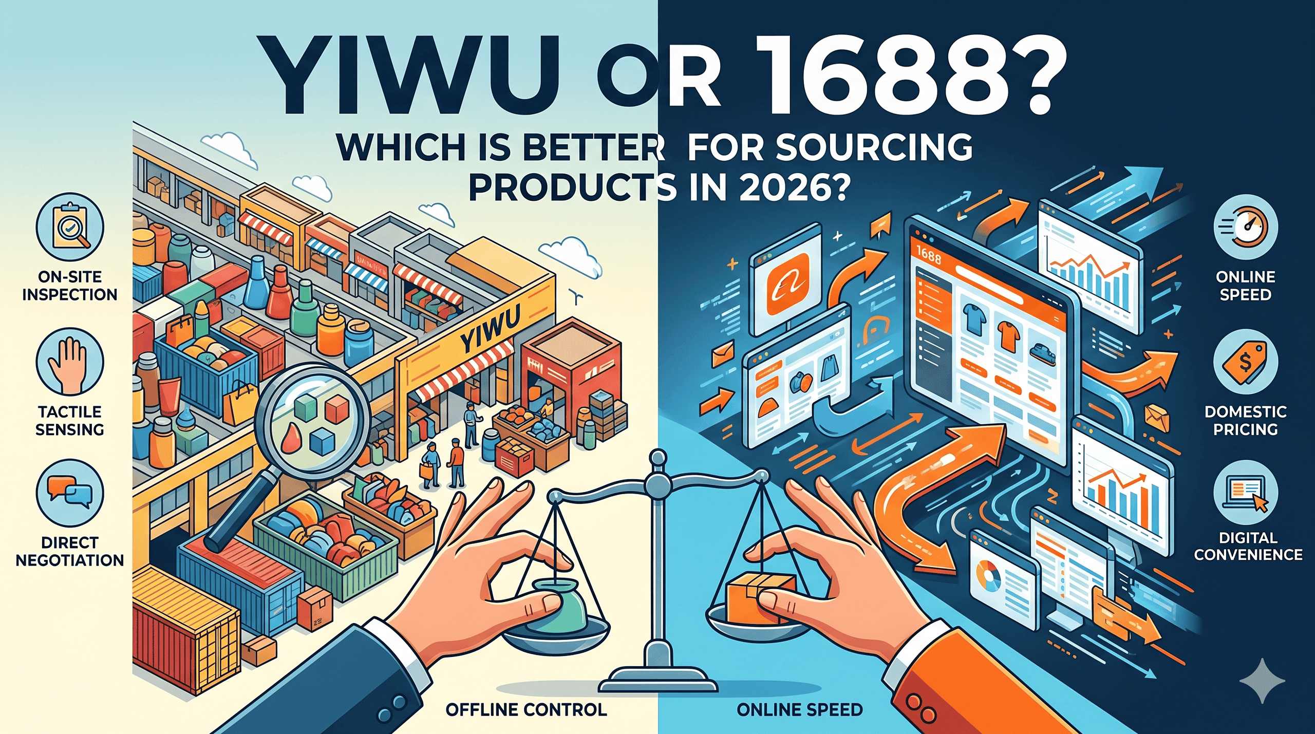 Editorial cover illustration comparing Yiwu as a physical wholesale market and 1688 as a fast online sourcing platform for different buying jobs.