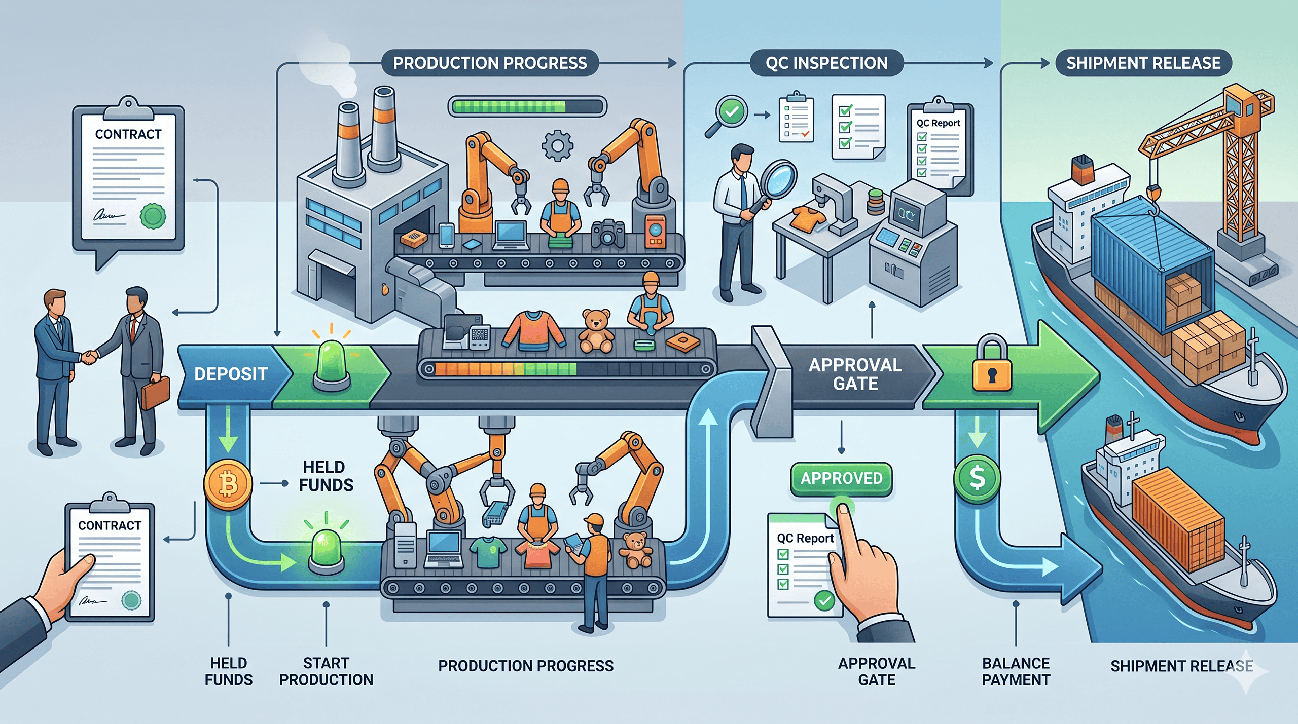 Editorial workflow showing deposit, production, QC, approval, balance payment, and shipment release in a controlled sourcing process.
