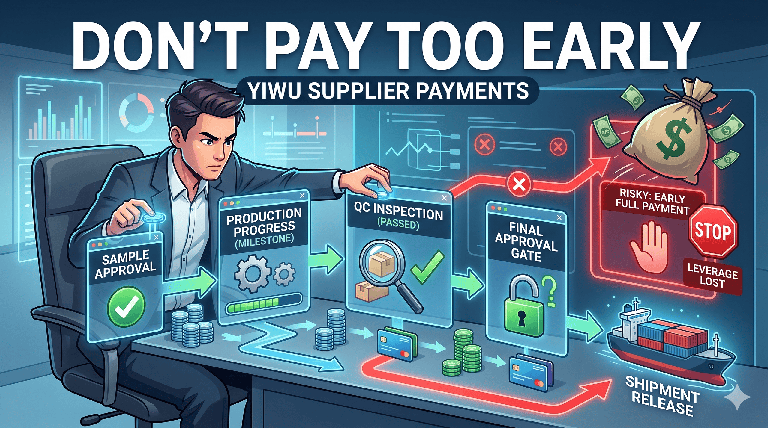 Editorial cover illustration showing disciplined payment timing, staged release, and buyer leverage in Yiwu sourcing.