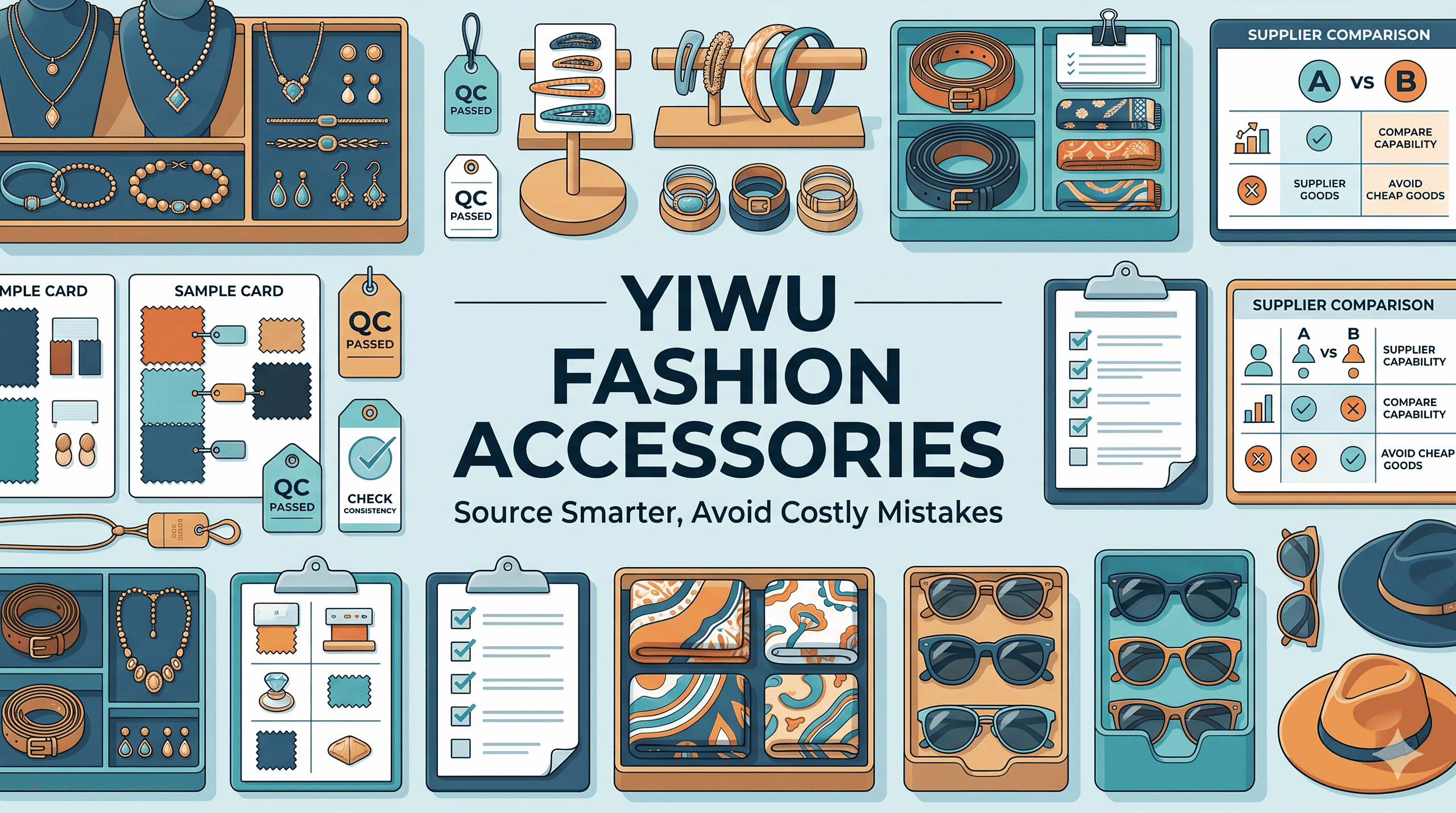 Editorial cover illustration for a Yiwu fashion accessories market guide showing mixed accessories, buyer comparison, and quality control decisions.