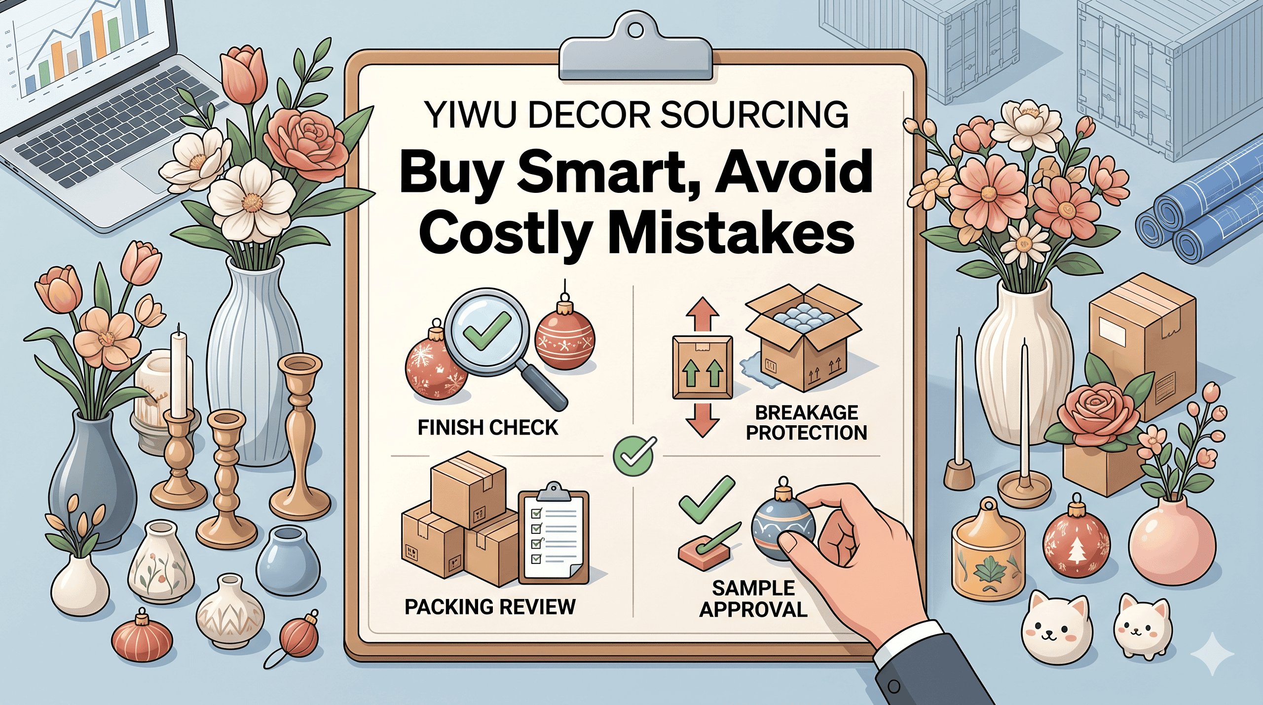 Editorial cover illustration showing Yiwu home decoration sourcing as a buyer decision between flexible small decor opportunities and fragile execution risks.