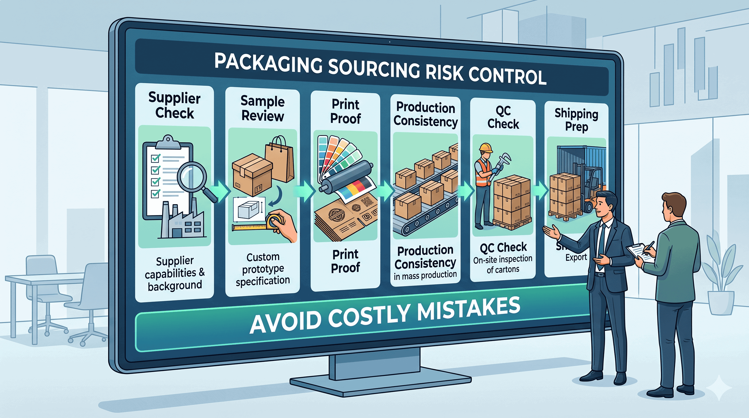 Editorial sourcing support board showing supplier check, sample review, print proof, QC check, production consistency, and shipping preparation to avoid packaging mistakes.