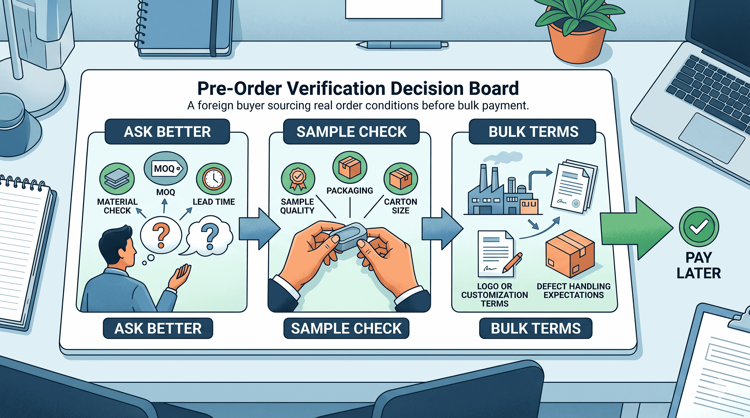 Editorial verification board showing how 1688 buyers ask better questions, review samples, confirm MOQ and lead time, and lock bulk order terms before payment.