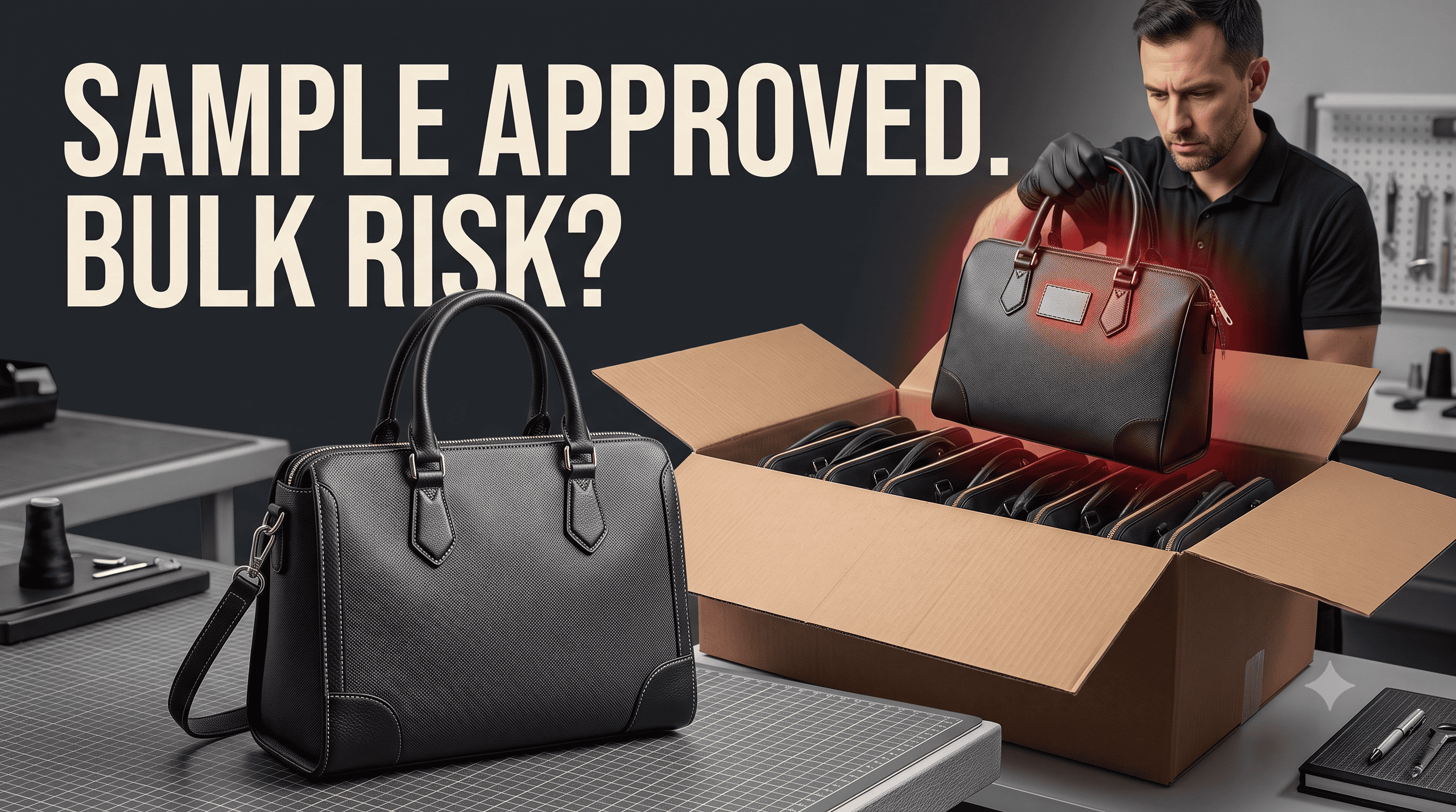 Approved private label bag sample compared with bulk production bags for quality control before shipment