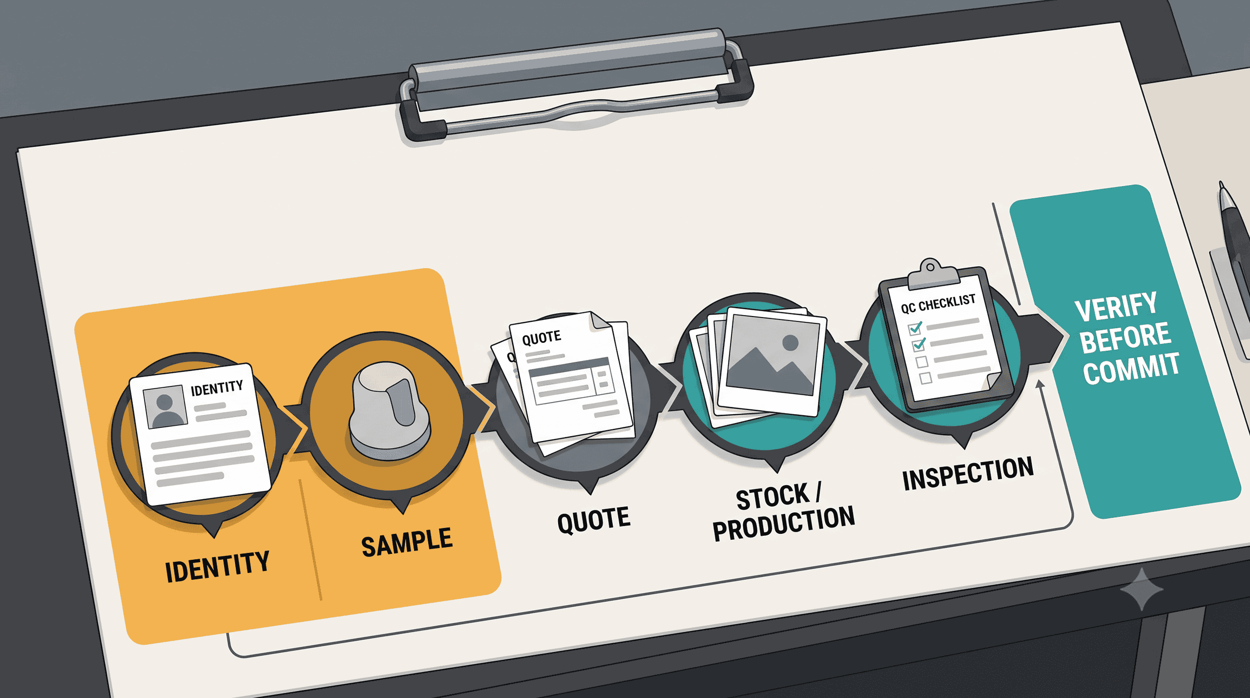 Buyer evidence checkpoint covering supplier identity sample quote production or stock proof and inspection planning before committing to an order
