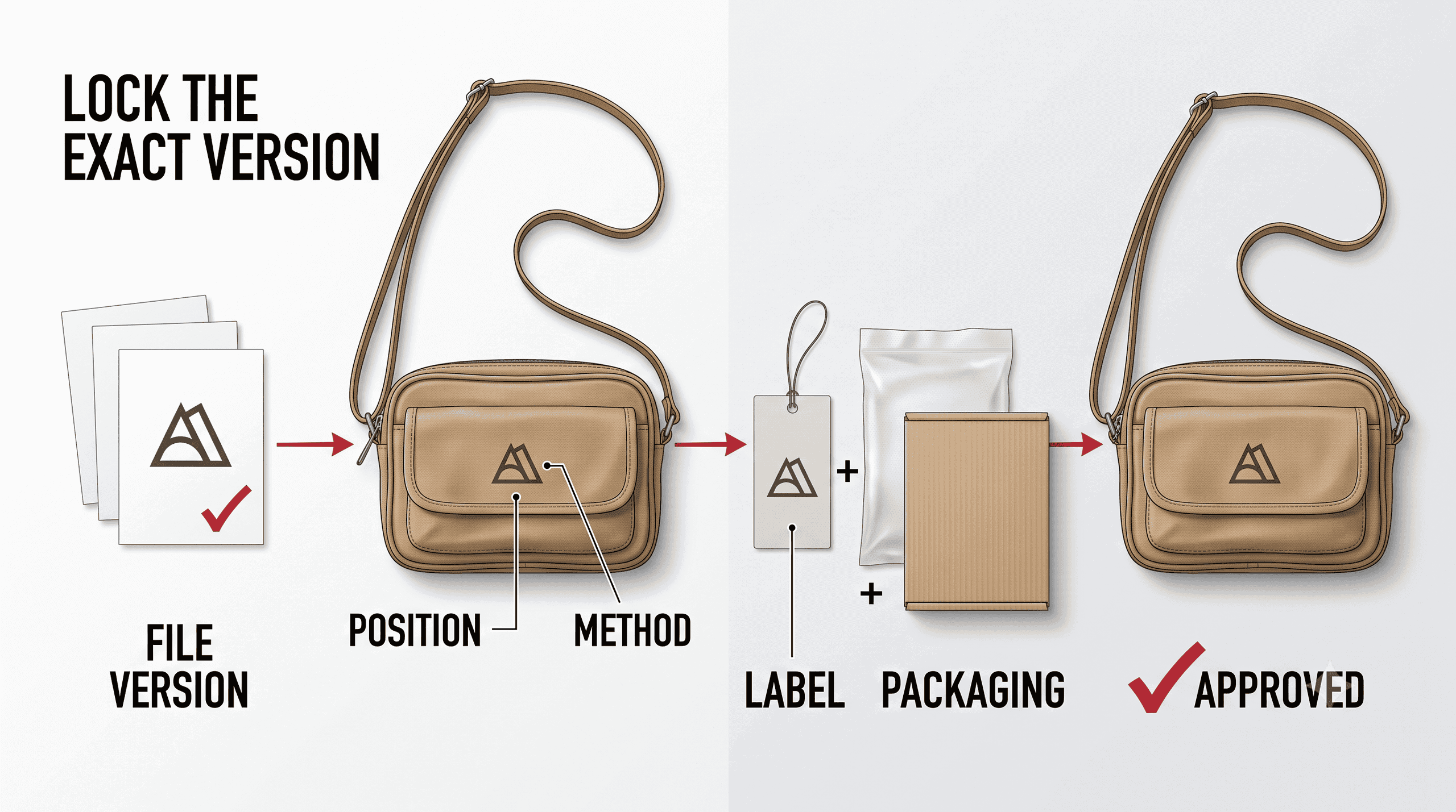 Production handoff connecting the approved artwork file to exact bag logo position method label packaging and final approval
