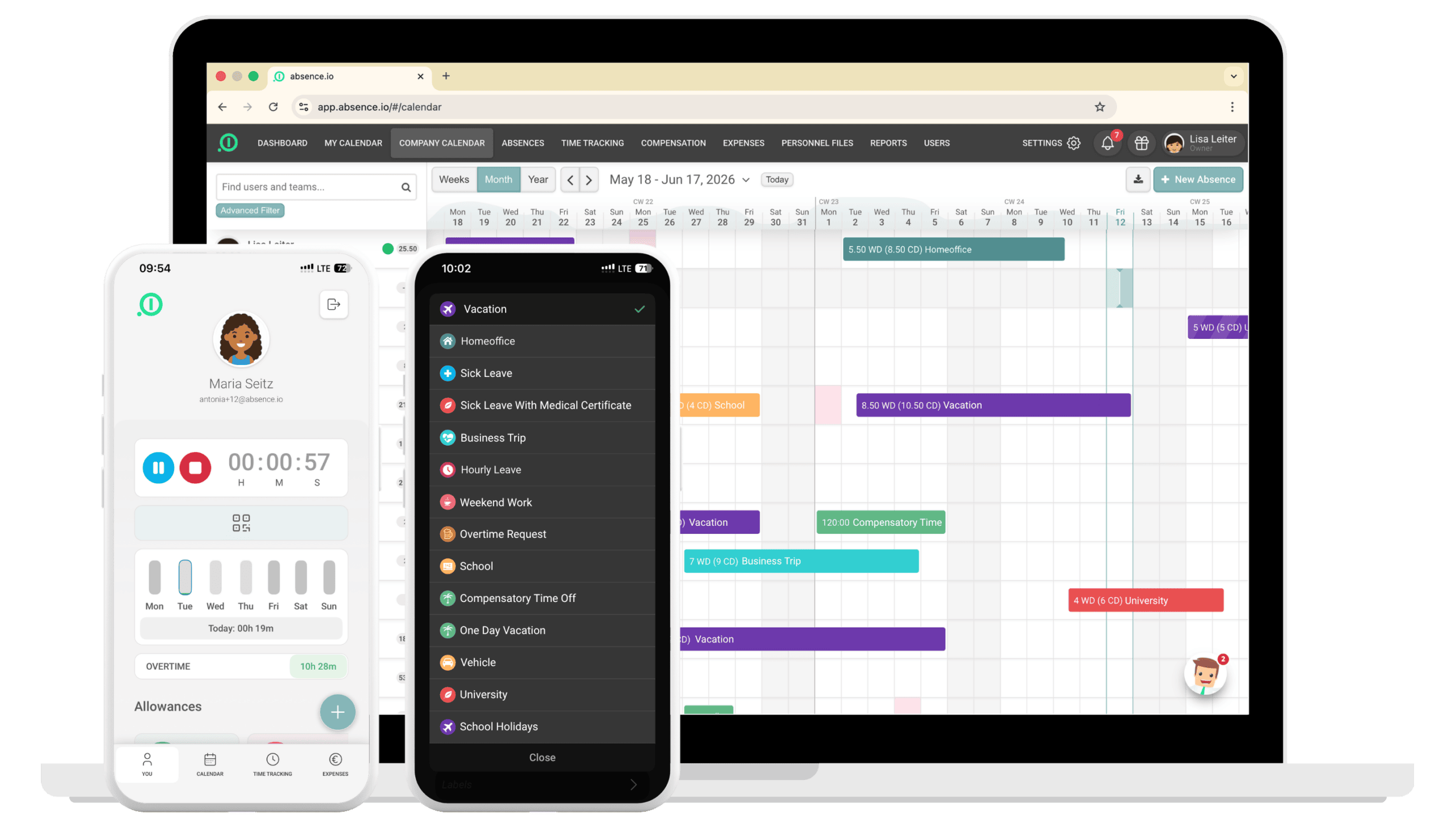 Leave management on desktop and smartphone with vacation calendar, time tracking and remaining leave in the absence.io app