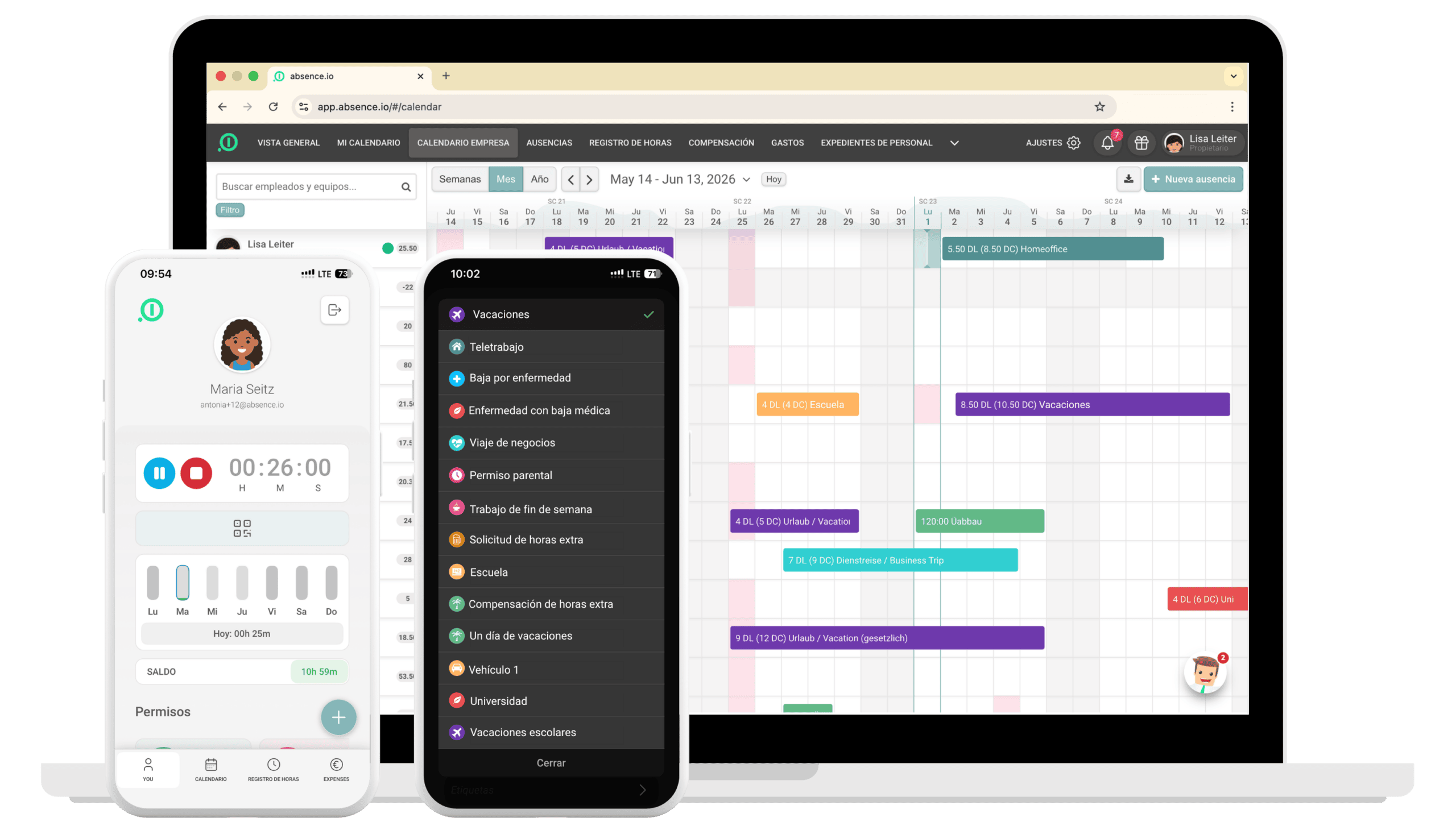 Gestión de ausencias en escritorio y smartphone con calendario de vacaciones, control horario y días restantes en la app absence.io
