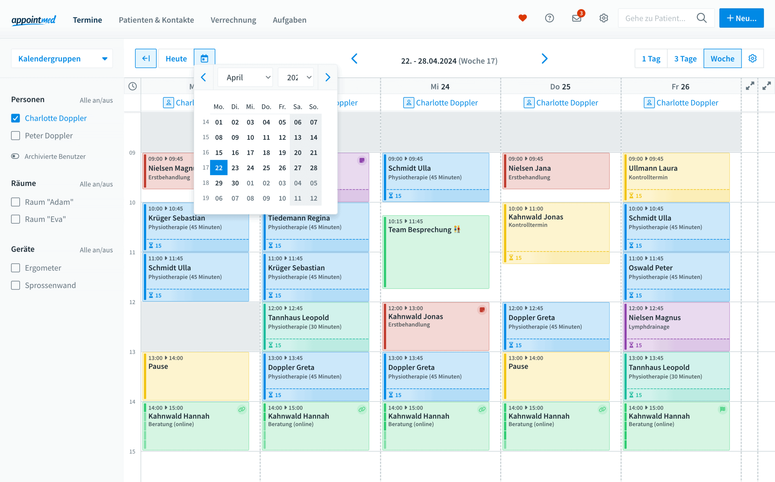 Wochenansicht im Terminkalender von appointmed mit Physiotherapie-Terminen