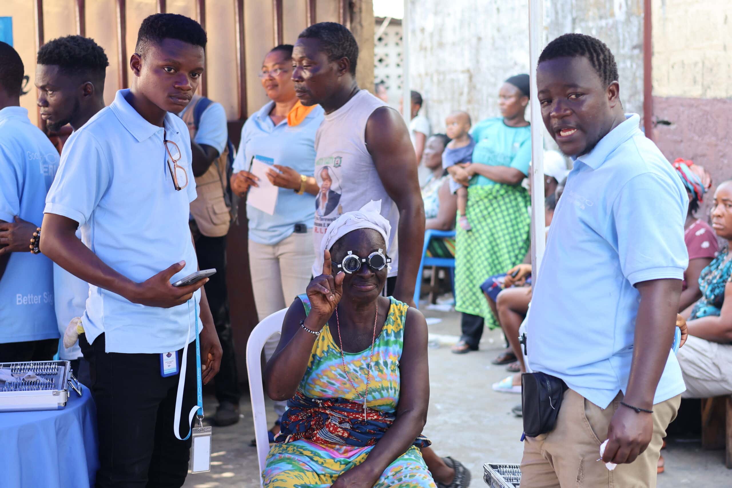 A local woman receives a vision test from GoodVision technicians at the April eye camp in Monrovia, Liberia.