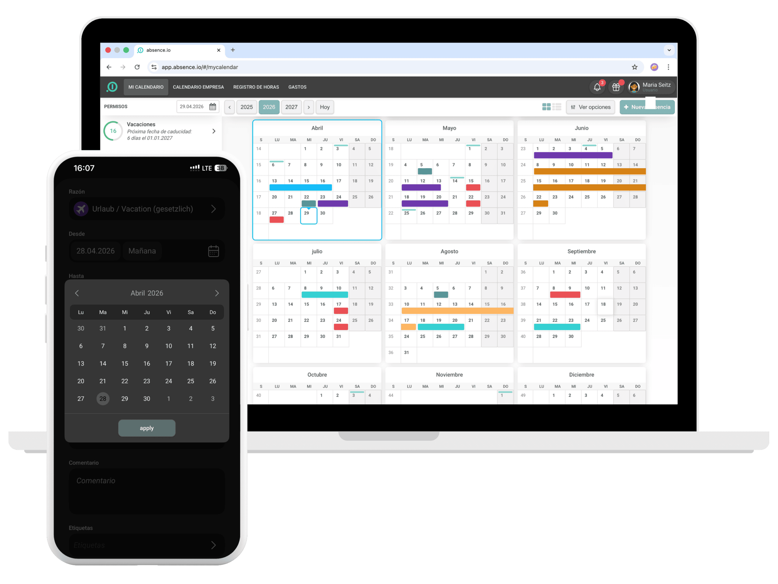 Calendario anual personal en escritorio y solicitud de vacaciones con selección de fechas en la app móvil de absence.io