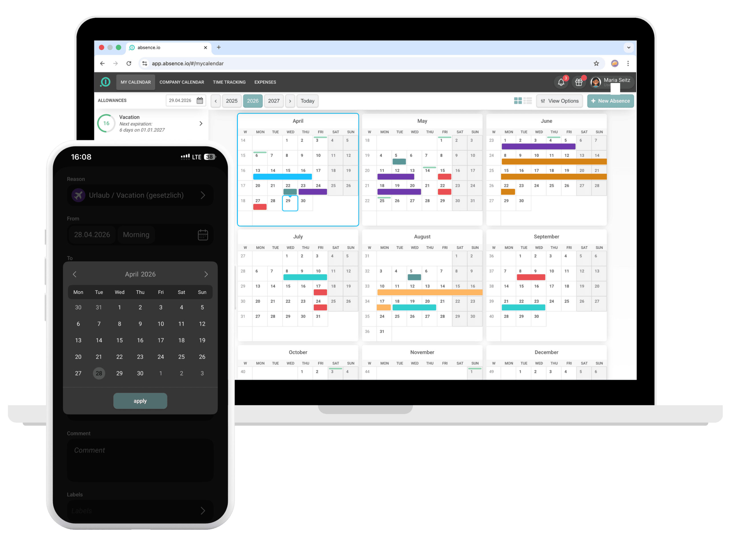 Personal annual calendar on desktop and leave request with date selection in the absence.io mobile app