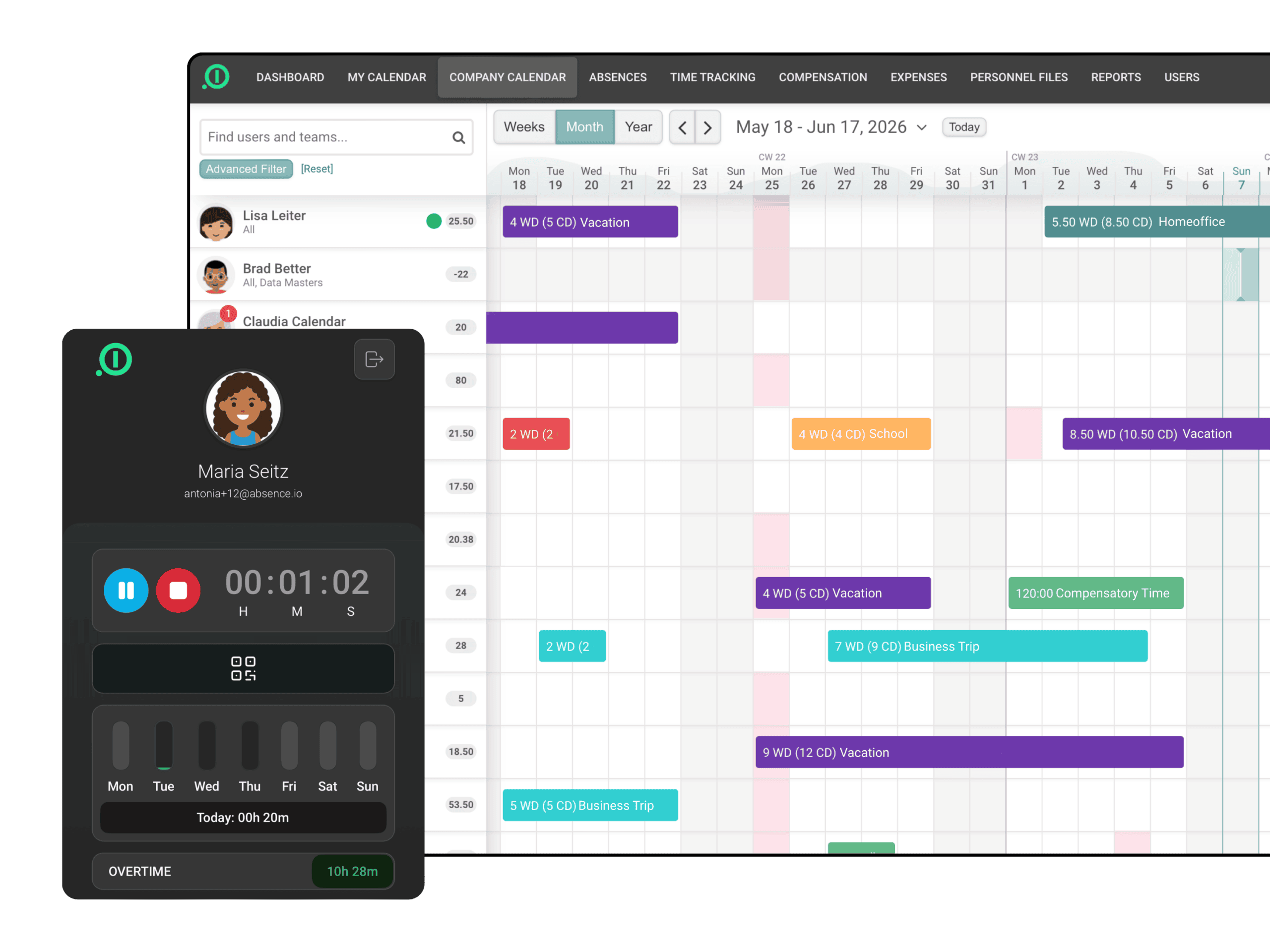 Time tracking on mobile phone and team calendar