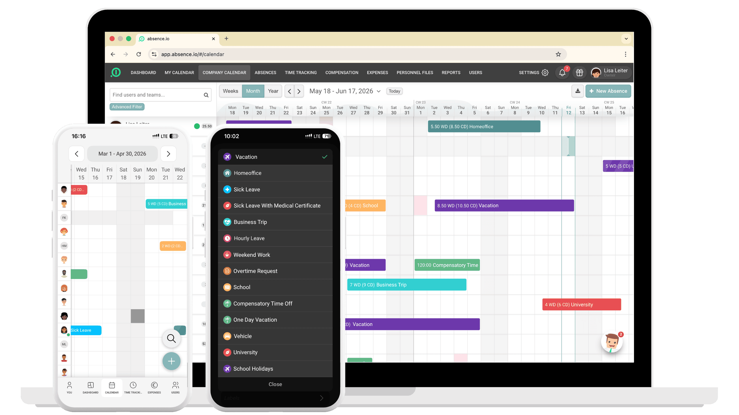 Team calendar with leave management on desktop and mobile app with selectable absence types in absence.io