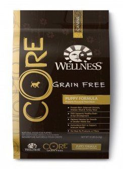 Brown bag of wellness core puppy food on white bg