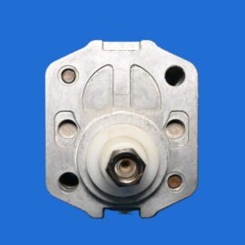Metal machine plate with circular holes and a central bearing on a blue background on display