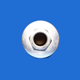 Close-up of a silver metal bolt head protruding from a bright blue background, viewed from above/behind the nut area.