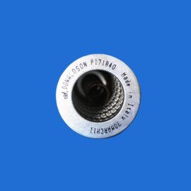 Close-up of a silver camera lens mount ring with inner threading, positioned in the bottom-right against a blue background.