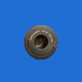 Close-up of a circular camera lens in a dark housing against a solid blue background.