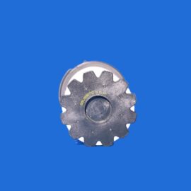 Metallic gear with jagged, star-shaped edges partially visible at the bottom of the frame against a solid blue background