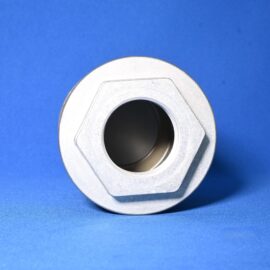 Close-up of a silver hexagonal metal fitting with a central circular opening on a blue background