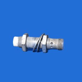 Close-up of a metal bolt and nut with wire wrapped around it, set against a solid blue background.