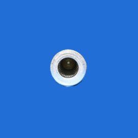 Close-up of a silver metal tube opening at the bottom center against a solid blue background.