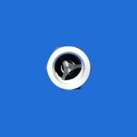 Top-down view of a metal hex nut with a broken bolt inside against a blue background.