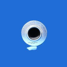 Close-up of a silver metal circular flange with a dark inner hole, set against a blue background.