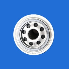 Close-up of a silver metal car wheel rim with multiple bolt holes, set against a solid blue background