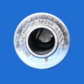 Close-up of a shiny metal circular dial (safe/lock) with etched numbers against a solid blue background.