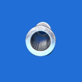 Close-up of a shiny metal tube with a perforated mesh interior, angled upward against a solid blue background.