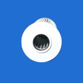 Close-up of a white circular device with a perforated metal interior, set against a blue background.