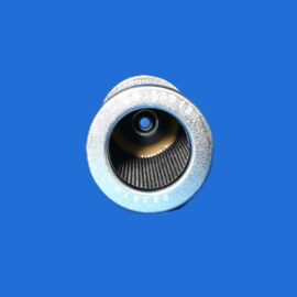 Close-up of a metallic camera lens barrel with internal glass elements on a solid blue background.