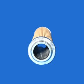 Front view of a paint roller with a beige fabric roller and silver frame against a solid blue background.