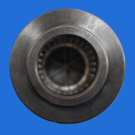 Close-up of a metal cylindrical bearing on a blue background, centered in the frame, showing its inner race and outer ring.