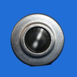 Close-up of a silver metal bearing with a hollow center on a blue background.