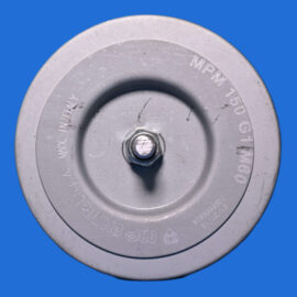 Close-up of a gray weight plate with a threaded center hole, set against a bright blue background (barbell plate).