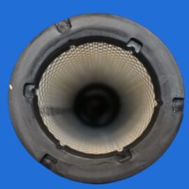 Close-up of a black rubber gasket around the opening of a cylindrical tube, with a textured inner surface and a blue background.
