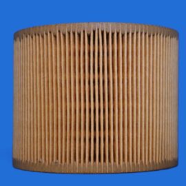 Close-up of a pleated brown paper air filter against a solid blue background, showing vertical folds in the filter media.
