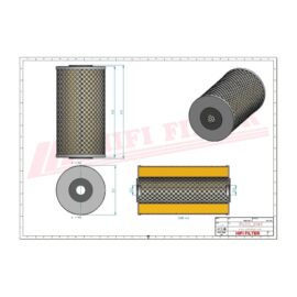 Technical drawing of a cylindrical air/filter with perforated mesh, showing side, top, and end views with dimension lines for manufacturing.