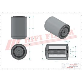 CAD drawing of a cylindrical HIFI Filter showing front, end, and cutaway views with labeled dimensions D1, D2, H1, H2, H3