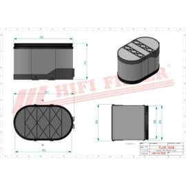Technical drawing of an oval air filter cartridge with quilted top, showing isometric view and side, top, and end views with dimensions (PLAR 0438).