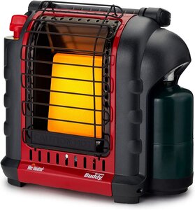 A red and black tent catalytic heating unit with a wire frame covers the central heating system.