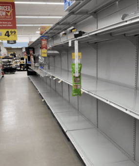 Empty shelves in aisle 10 of Food Lion. Photo courtesy of Amanda Barber.