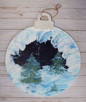 snow scene painted on large wooden wooden ornament-shaped blank