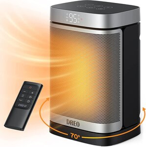 A black and silver electric heater has a 70-degree oscillating feature and a remote control for tent heating.