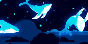 Fantasy illustration of whales leaping out of the ocean at nite by Maya Kern.