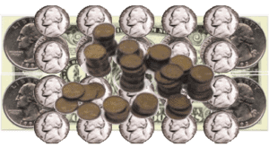 dollar with nickels dimes pennies and quarters on it